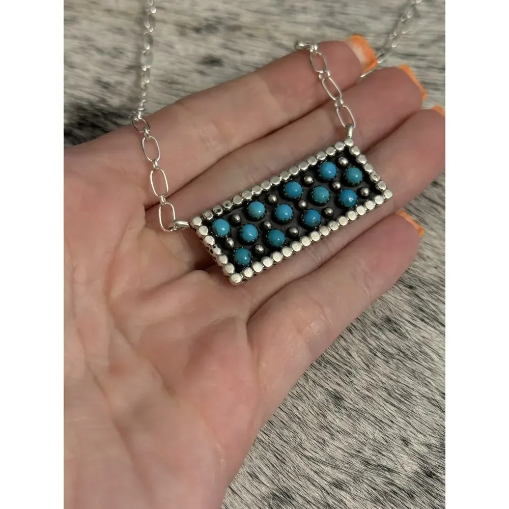 Native Navajo Handmade Sterling Kenny Longjose Kingman Turquoise Bar Necklace - Picture 8 of 10